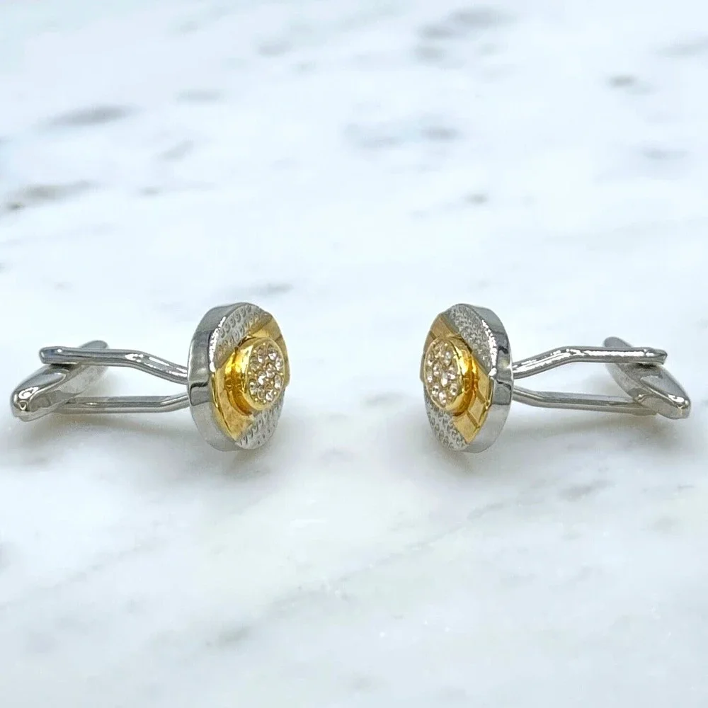 Mens Silver Tone & Gold Tone Clear Rhinestones Oval Bullet Back Cufflinks